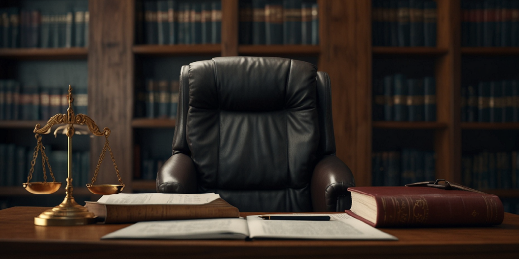 Attorneys desk with empty chair