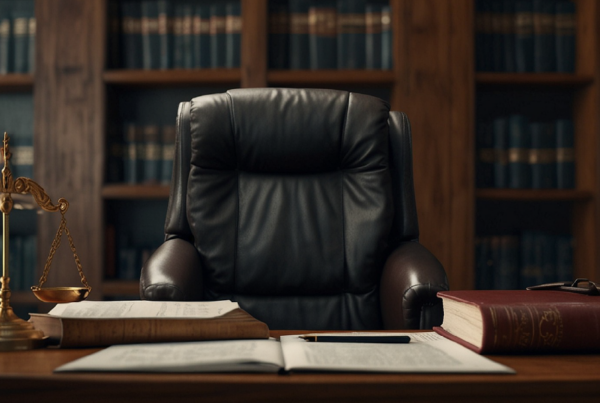 Attorneys desk with empty chair