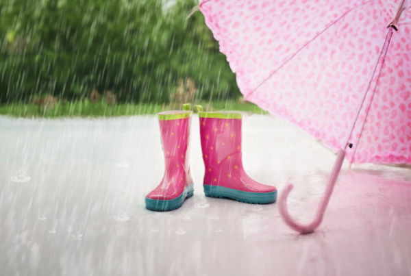 Rain boots and umbrella. Weather-related slip and falls