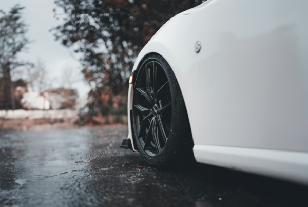 View of a car tire after an accident on Arizona road