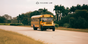 School bus on the road with trees behind her