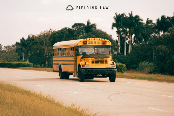 School bus on the road with trees behind her