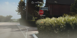 Intersection with a stop sign where a hedge is creating a blindspot for drivers and pedestrians.