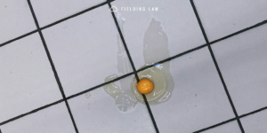 a broken egg on the tile of a store