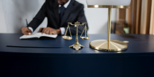 scales of justice on a navy desk with a person blurred in the background.