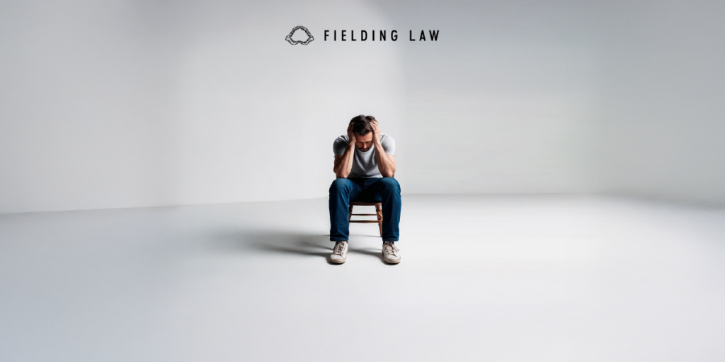 a man with ptsd or fear after his accident sitting on a chair in a white room with this head down and hands on his head