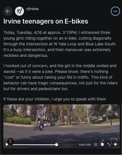 Reddit message about reckless e-bike and e-scooter riders in Irvine