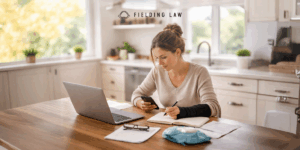Woman sitting at a kitchen counter researching. She has an injury on her left arm. The arm is in a cast
