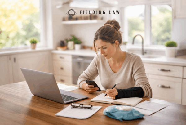 Woman sitting at a kitchen counter researching. She has an injury on her left arm. The arm is in a cast