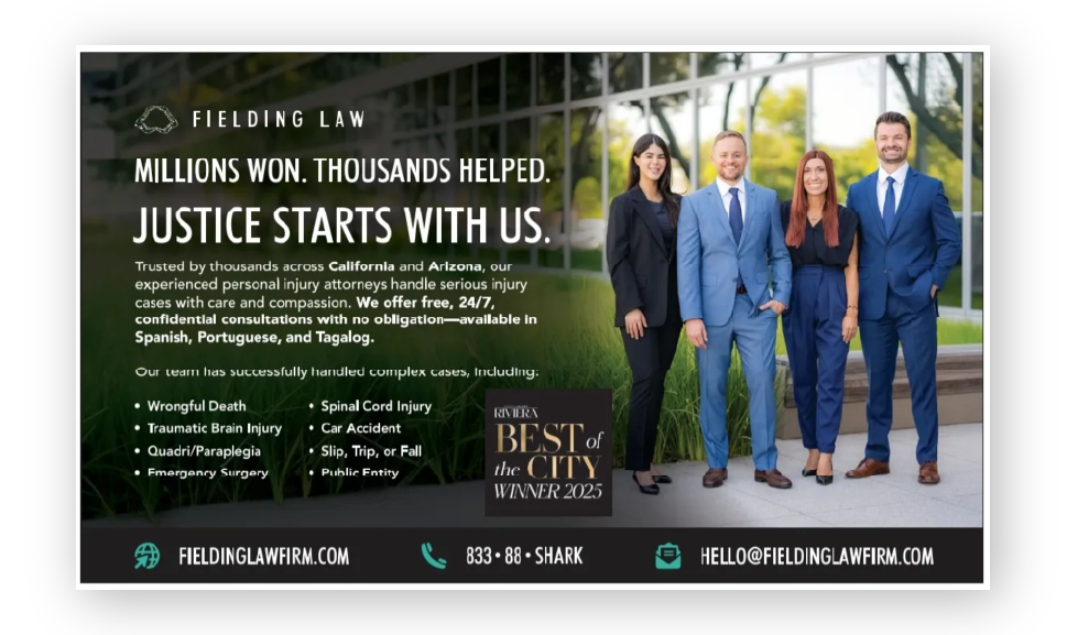 Fielding Law ad in Modern Luxury Magazine Cover Digital Media Best Personal Injury Law Firm