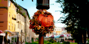 Disneyland in the background with a Halloween wreath