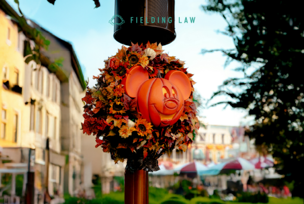 Disneyland in the background with a Halloween wreath