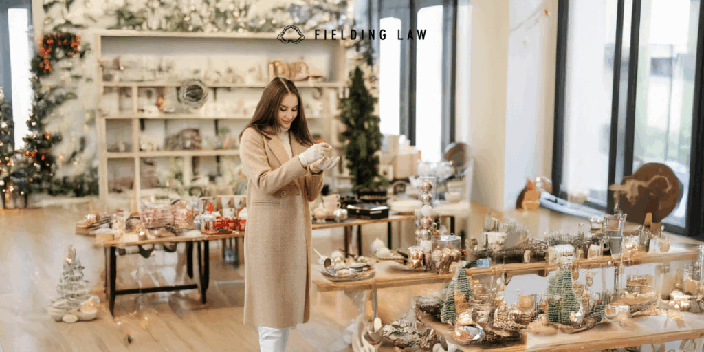 Woman looking at an item in a Mall decorated for the holiday