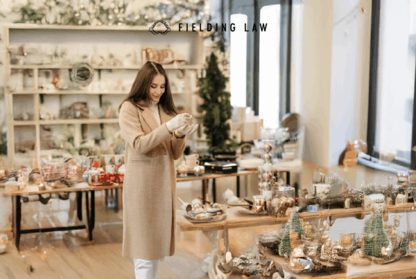 Woman looking at an item in a Mall decorated for the holiday