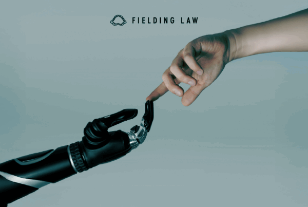 Robot hand reaching up towards a human hand