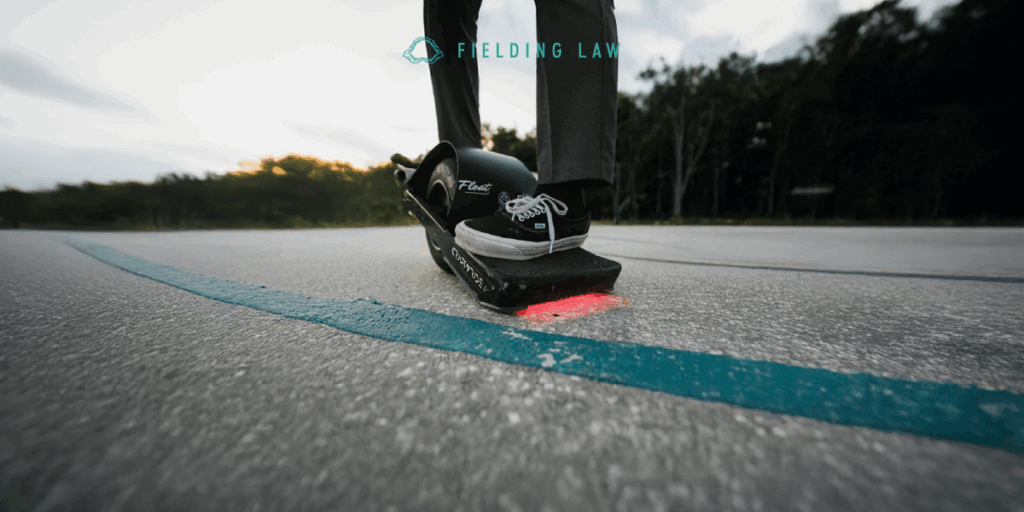 someone riding a onewheel skateboard on a college campus