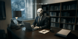 Robot dressed as a lawyer sitting at a desk