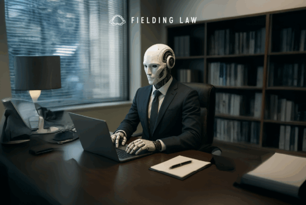 Robot dressed as a lawyer sitting at a desk