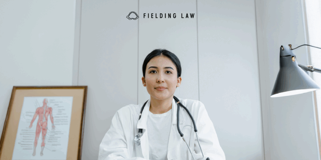 doctor sitting a at desk with an anatomy chart behind her