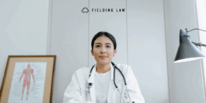 doctor sitting a at desk with an anatomy chart behind her