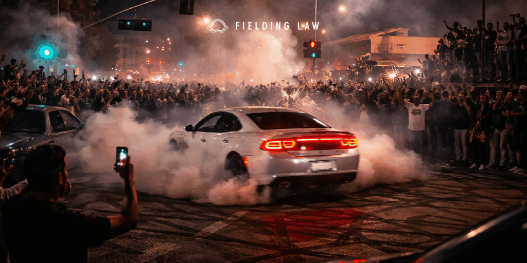 A white care in the middle of the street intersection with tire smoke and a large crowd of people around. Street takeover at nightfall