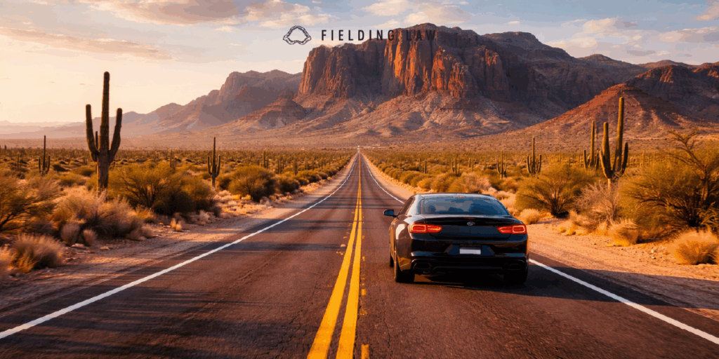Car driving on an arizona road with cactus