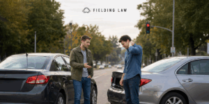 Two men talking after an accident next to their cars
