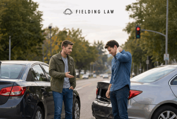 Two men talking after an accident next to their cars