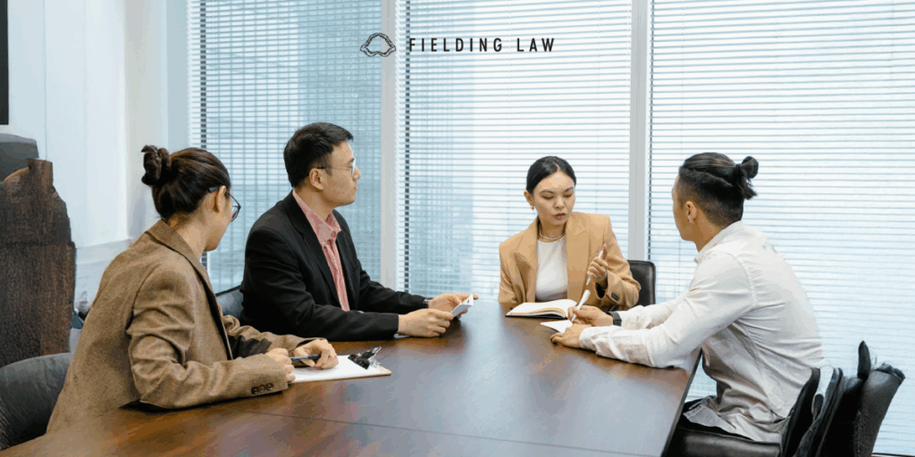 people sitting in a conference room for a deposition