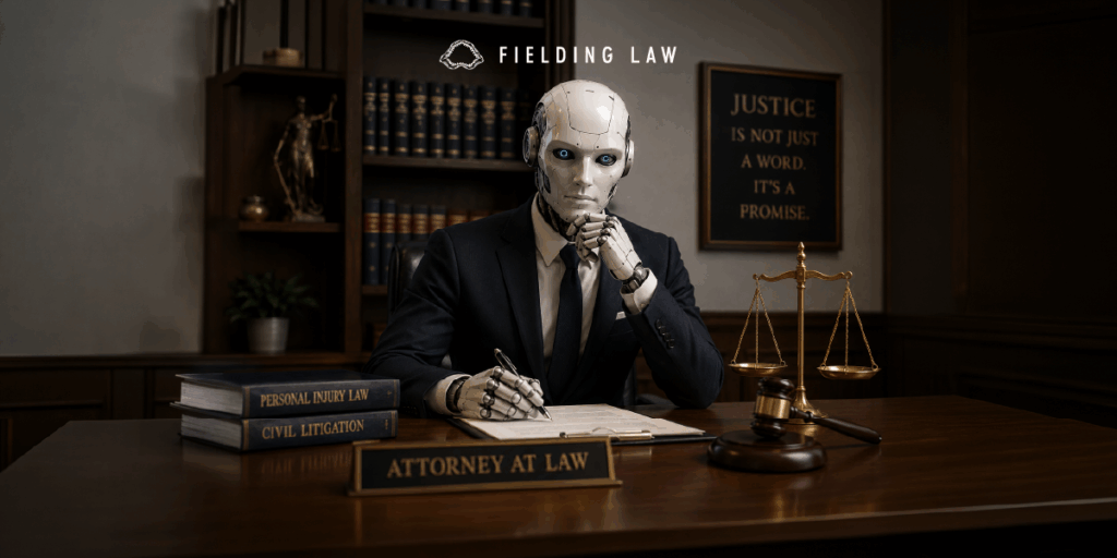 Ai robot posing as an attorney at a desk with law books