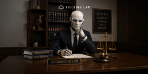 Ai robot posing as an attorney at a desk with law books