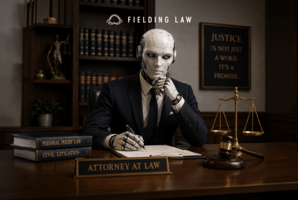 Ai robot posing as an attorney at a desk with law books