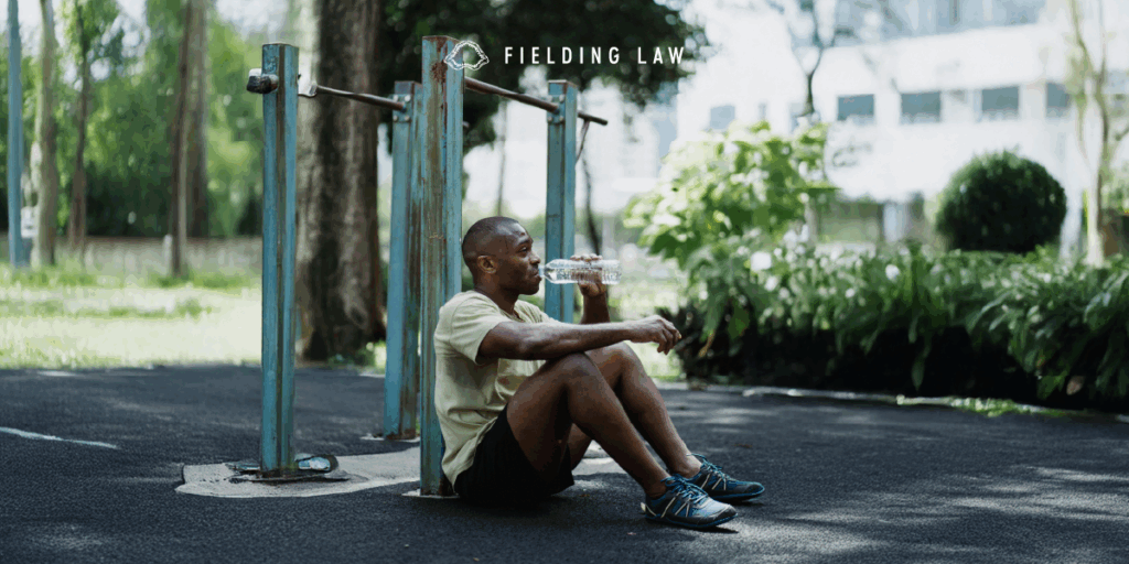 man sitting at a park on the ground drinking water. He is sweat from excessive heat