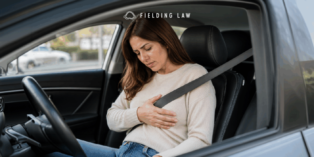 woman sitting in car wearing a seatbelt and holding her breast. She looks sad or concerned