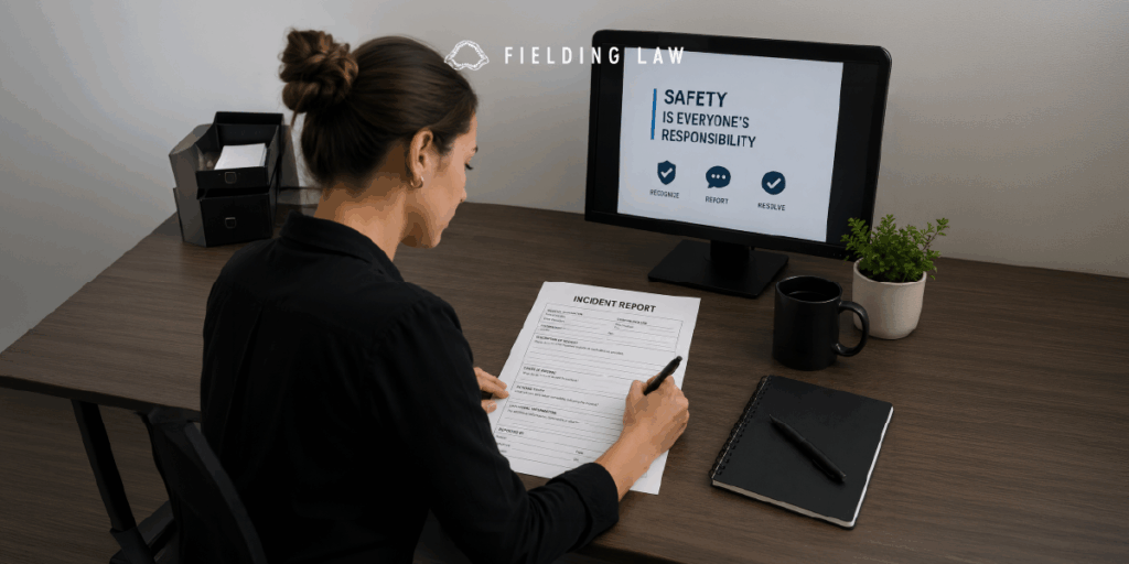 woman sitting at a desk filling out an incident report