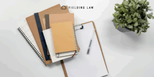 journal and folders with a clipboard and pen on a desk.